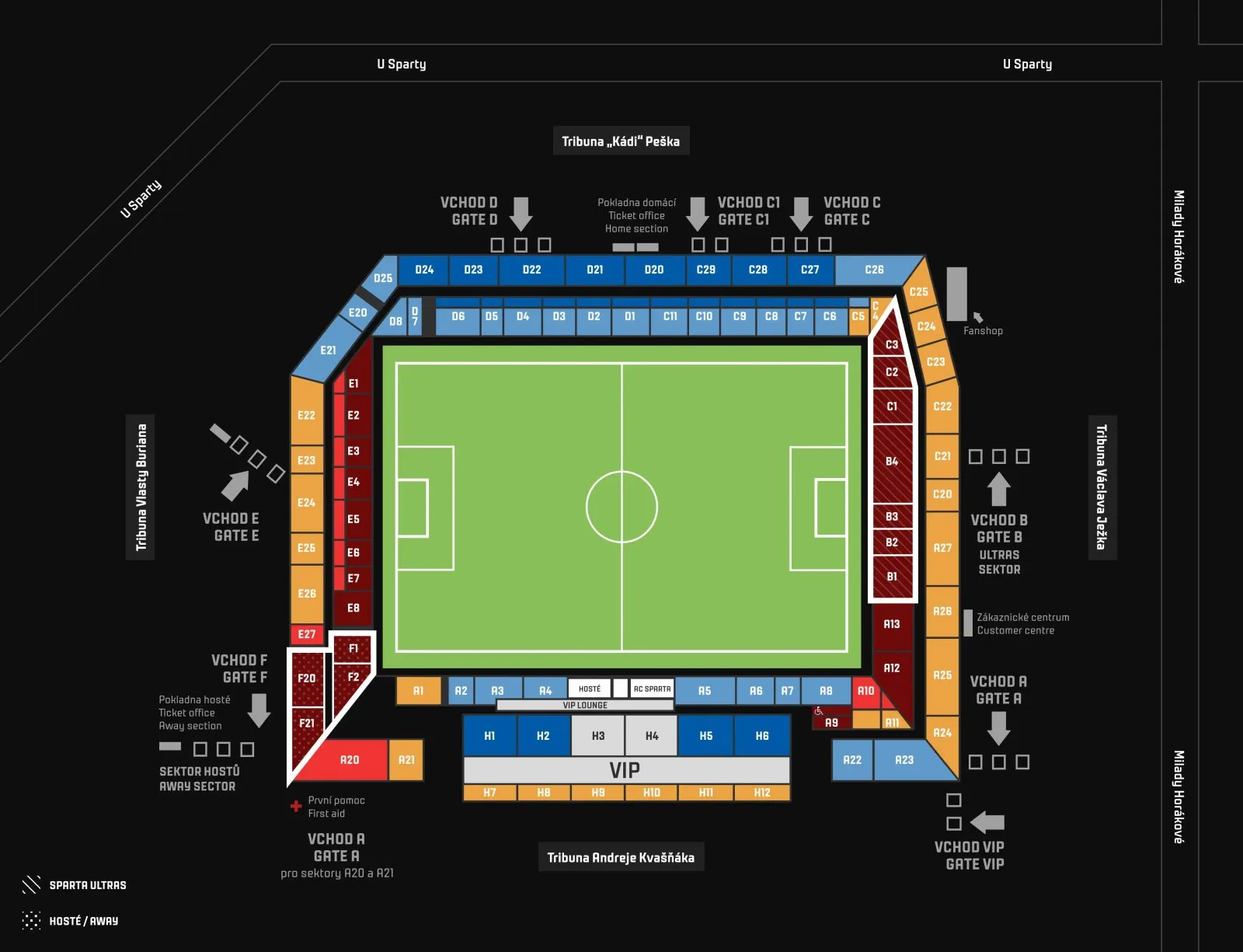 Plan du stade — ePet Arena (Generali Arena / Stade Letná), Praha 7-Dejvice / Prague, République tchèque