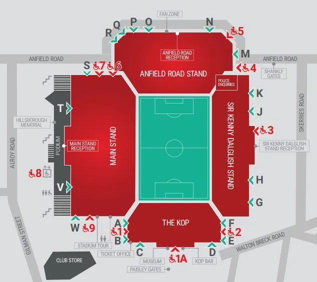 Plan du stade — Anfield, Liverpool, Royaume-Uni