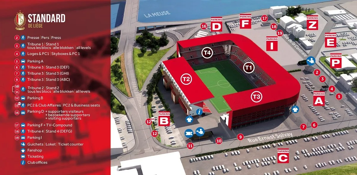 Plan du stade — Stade Maurice Dufrasne (Stade de Sclessin), Liège, Belgique