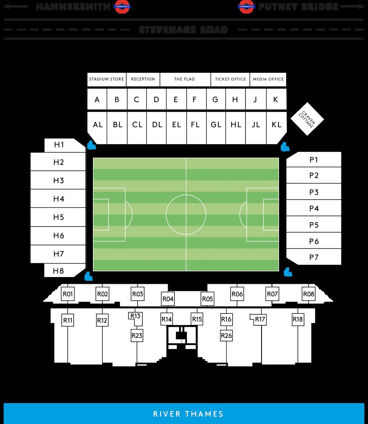 Plan du stade — Craven Cottage, Londres (Fulham), Royaume-Uni